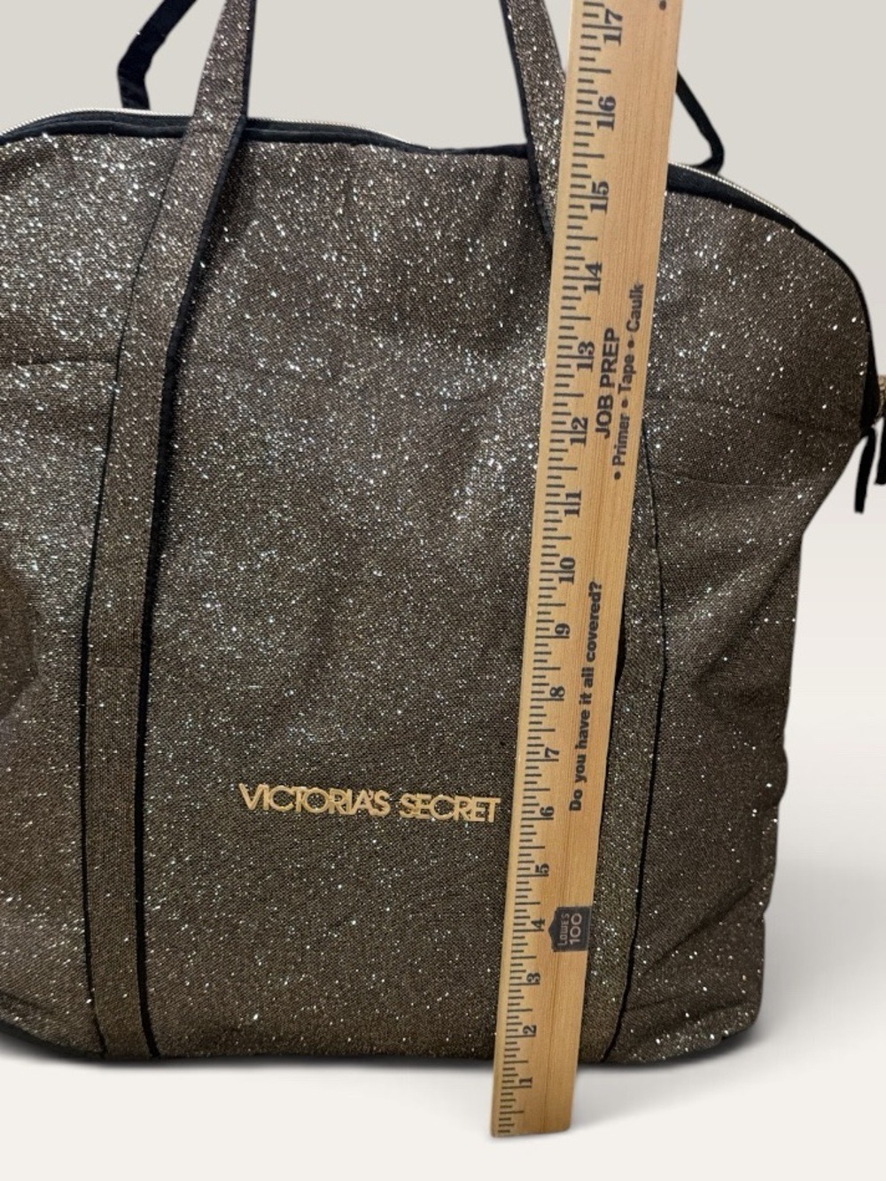 Victoria's Secret Black Metallic Gold Glitter Zipper Weekender Travel Tote Bag - Picture 7 of 8
